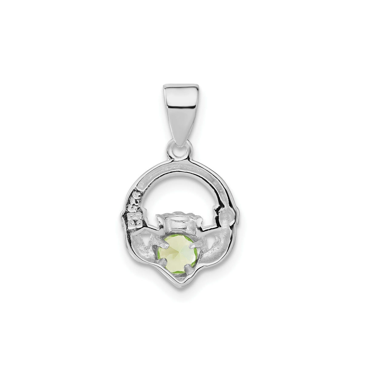 Sterling Silver Claddagh Pendant with Green Heart Cubic Zirconia, Celtic Love Loyalty Friendship Symbol