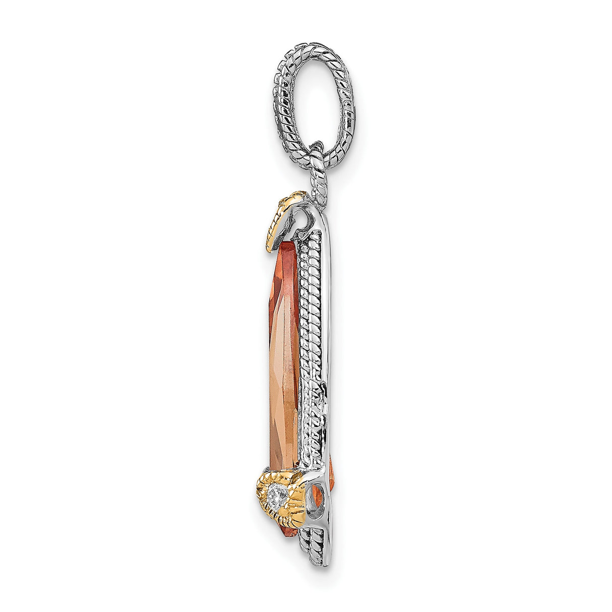 Sterling Silver Teardrop Pendant with Amber Colored Gemstone, Floral Motif, Cubic Zirconia Accents