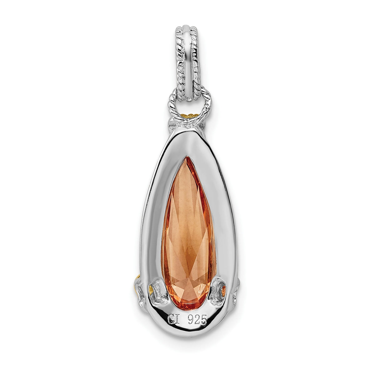Sterling Silver Teardrop Pendant with Amber Colored Gemstone, Floral Motif, Cubic Zirconia Accents