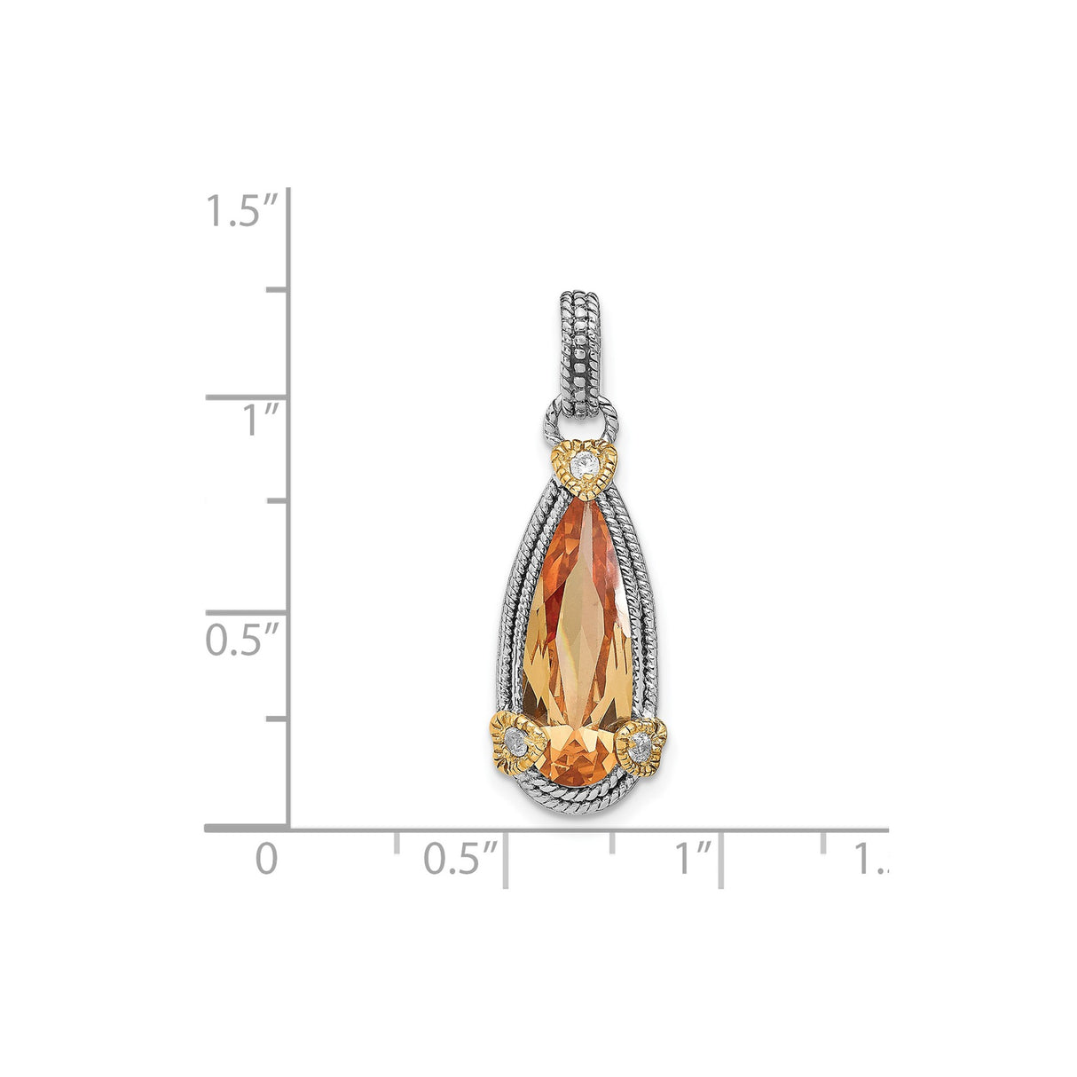 Sterling Silver Teardrop Pendant with Amber Colored Gemstone, Floral Motif, Cubic Zirconia Accents