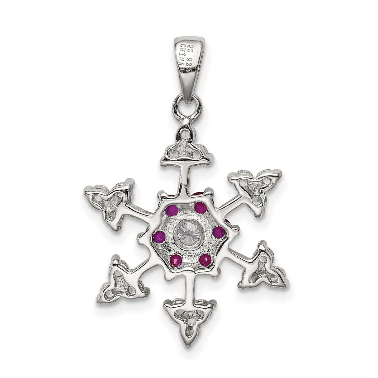 Sterling Silver Snowflake Pendant with White and Pink Cubic Zirconia, Winter Holiday Jewelry