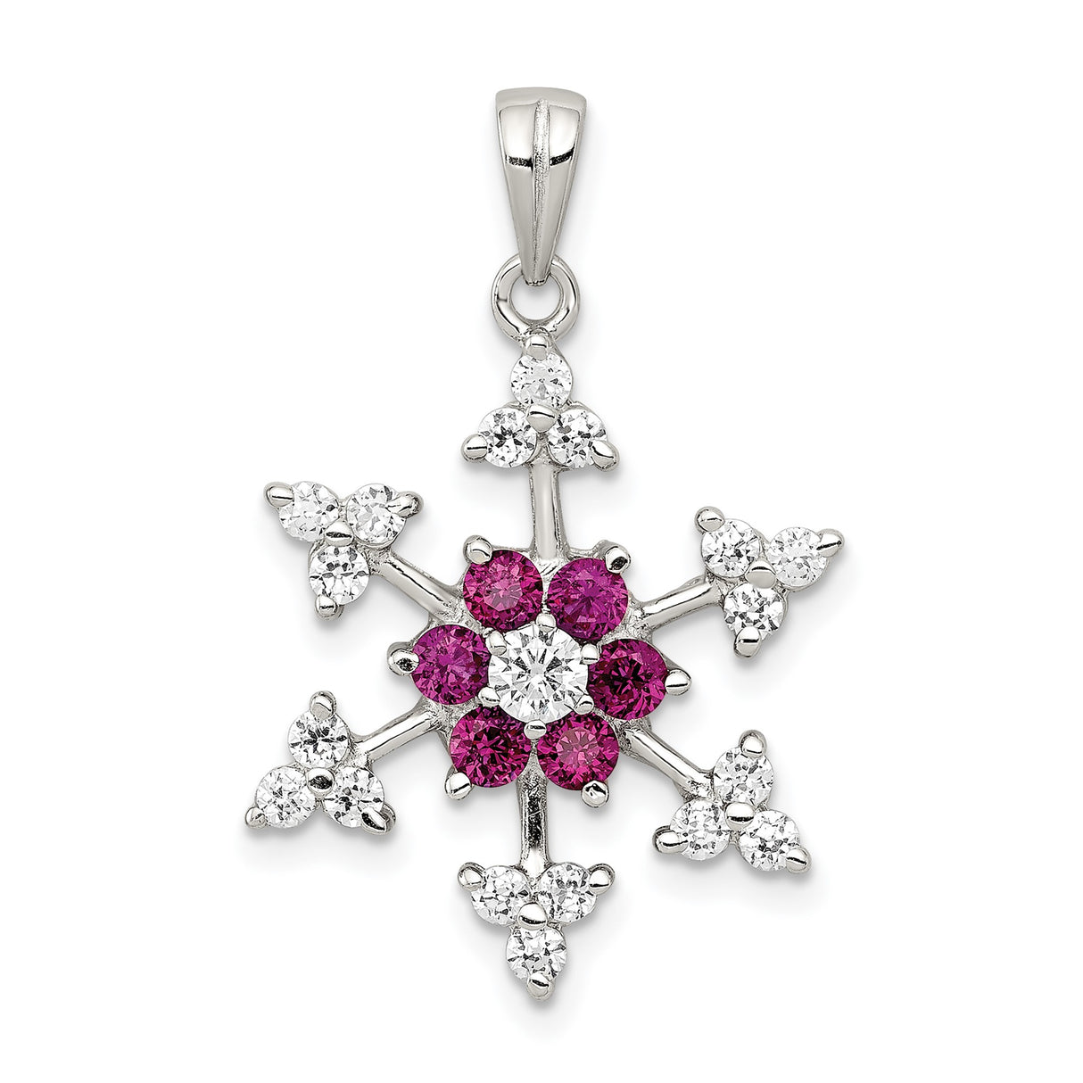 Sterling Silver Snowflake Pendant with White and Pink Cubic Zirconia, Winter Holiday Jewelry