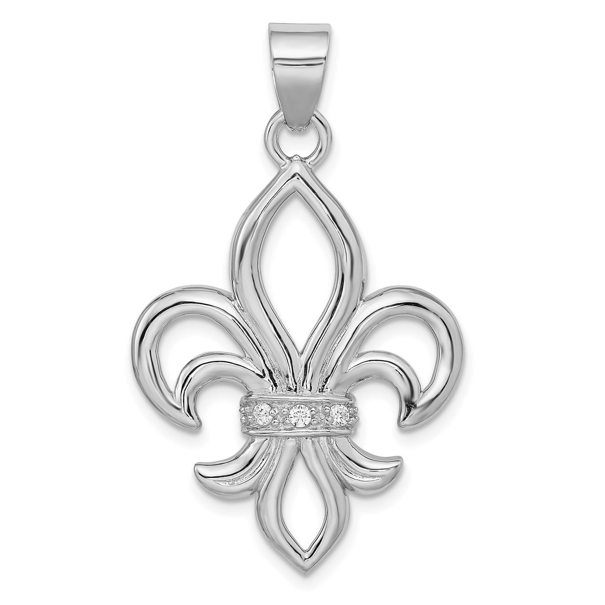 Sterling Silver Fleur-de-Lis Pendant with Cubic Zirconia Accents, Openwork Design