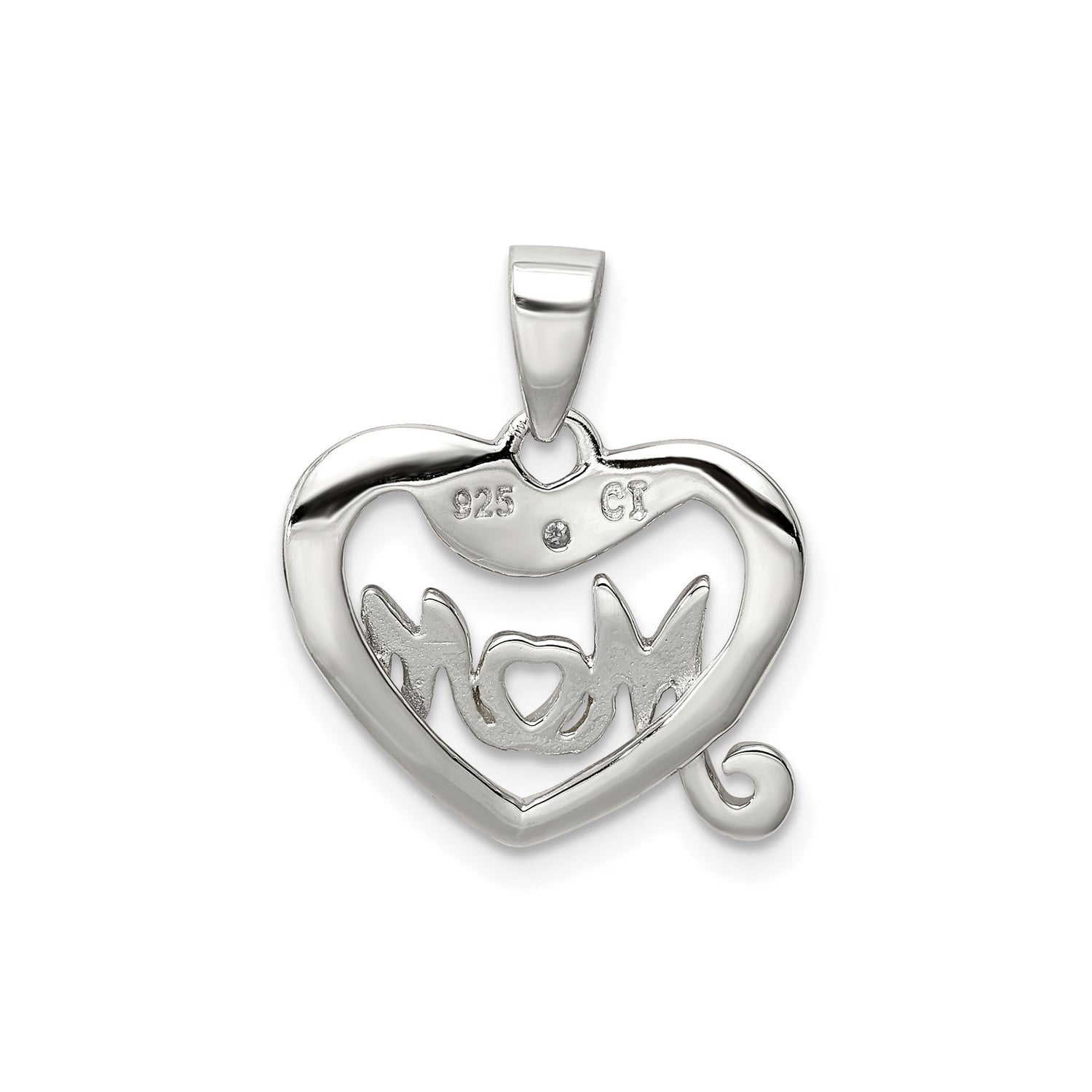Sterling Silver Heart Pendant with Diamond, Mom Design and Gold Tone Lettering
