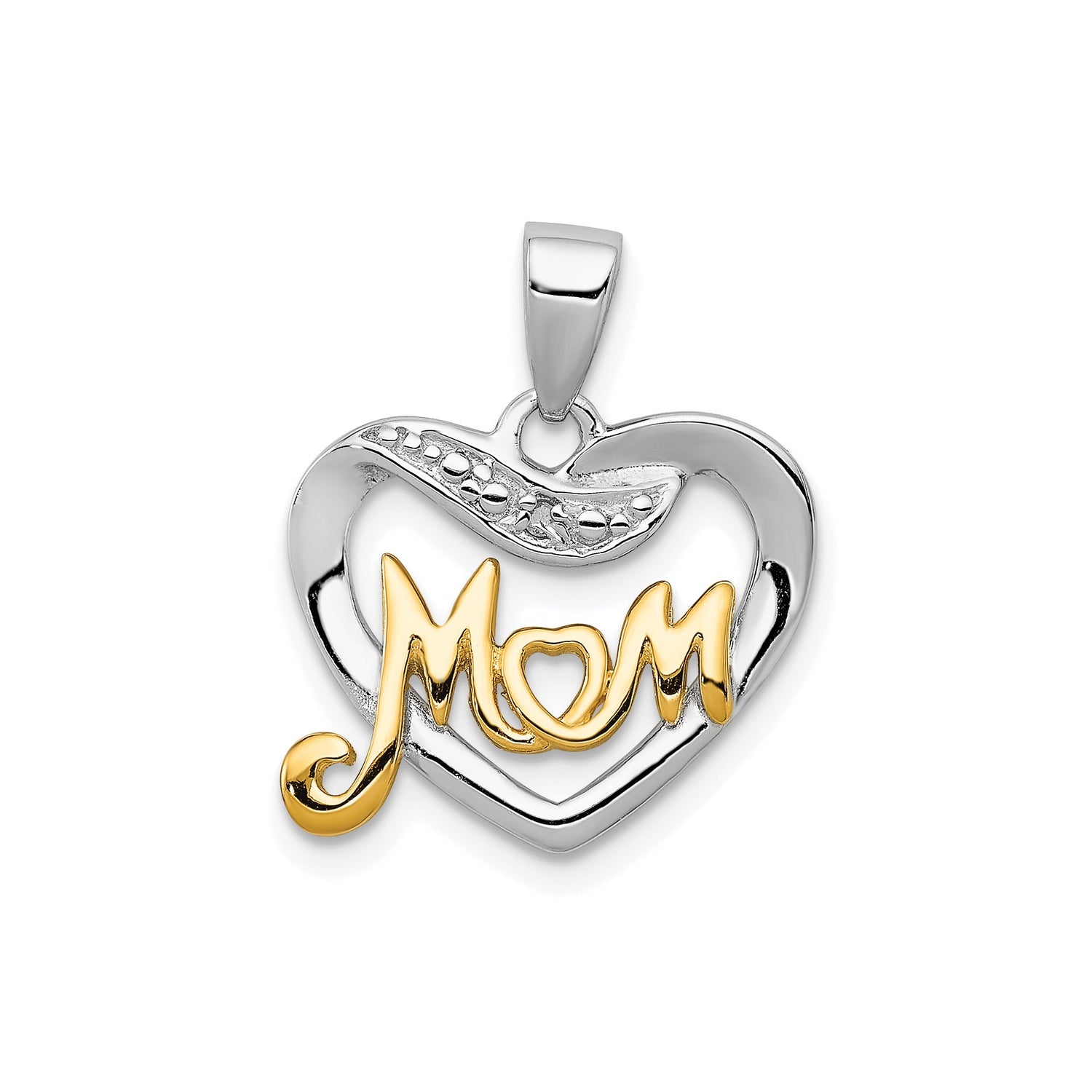 Sterling Silver Heart Pendant with Diamond, Mom Design and Gold Tone Lettering