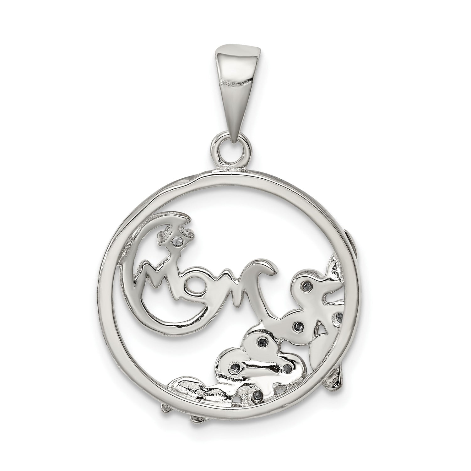 Sterling Silver Mom Pendant with Cubic Zirconia, Gold Plated, Heart Script and Floral Accents
