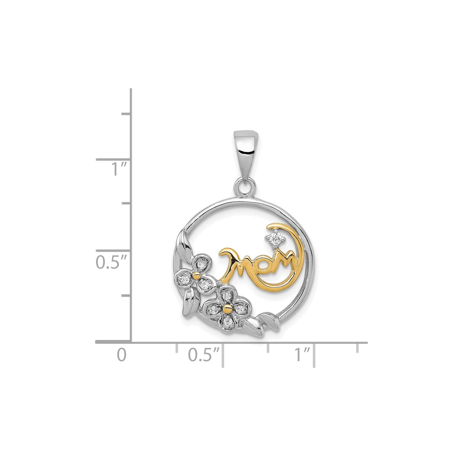 Sterling Silver Mom Pendant with Cubic Zirconia, Gold Plated, Heart Script and Floral Accents