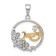 Sterling Silver Mom Pendant with Cubic Zirconia, Gold Plated, Heart Script and Floral Accents