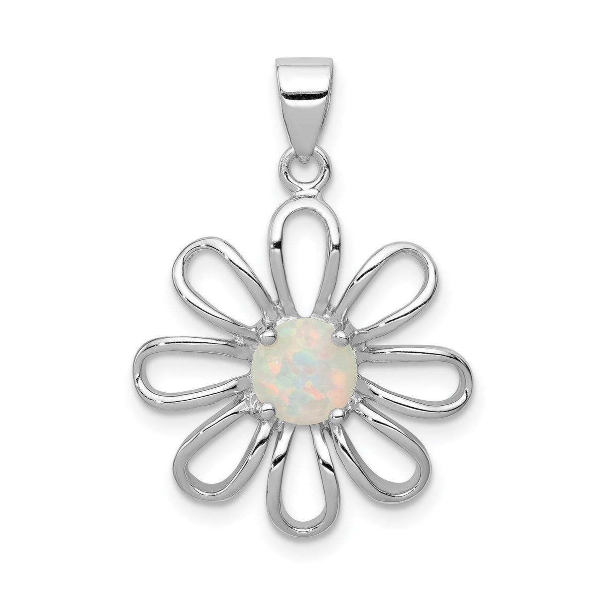 Sterling Silver Flower Pendant with Lab Created Opal, Open Petal Design, Boho Nature Style