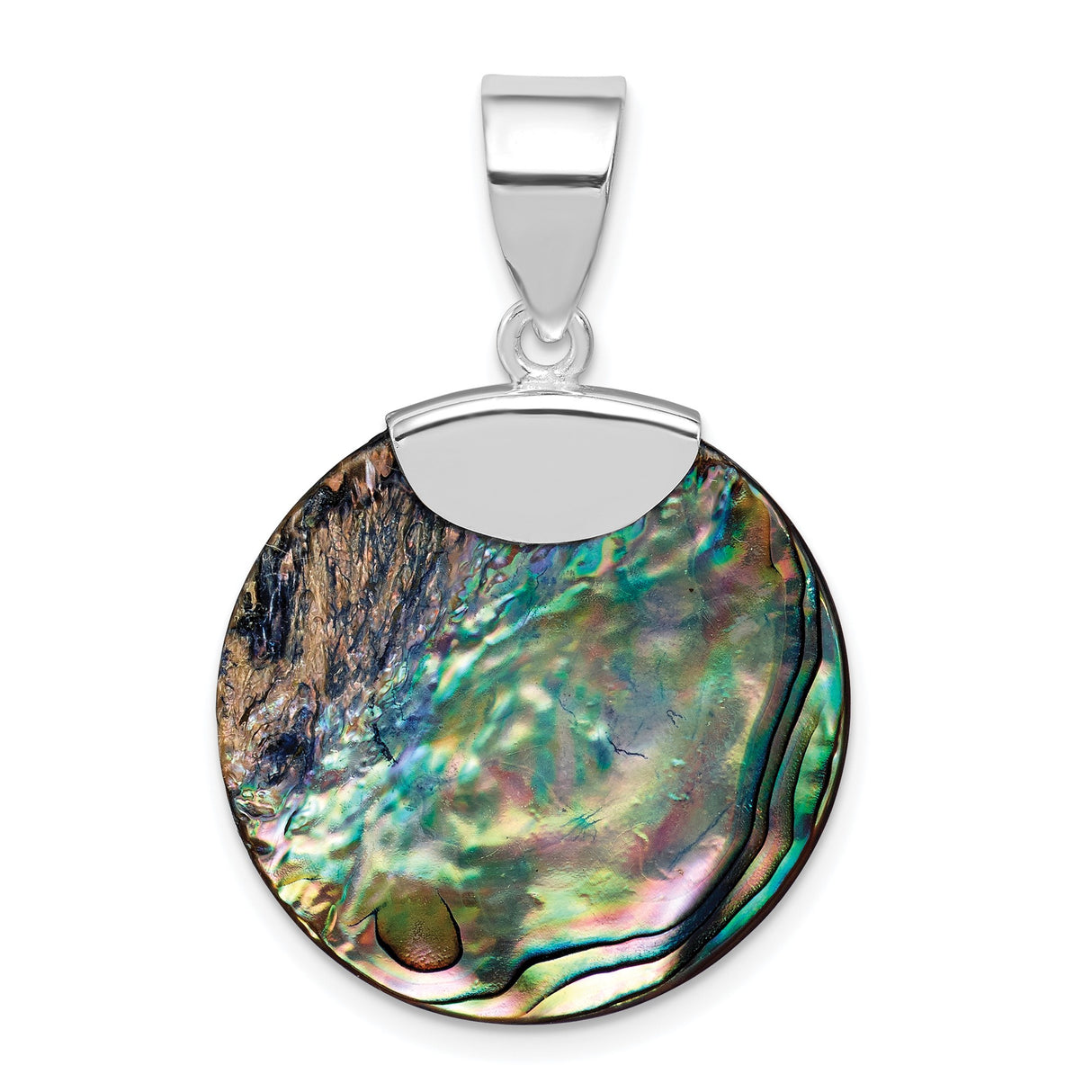 Sterling Silver Round Abalone Pendant, Blue Green Iridescent Shell, Coastal Boho Style
