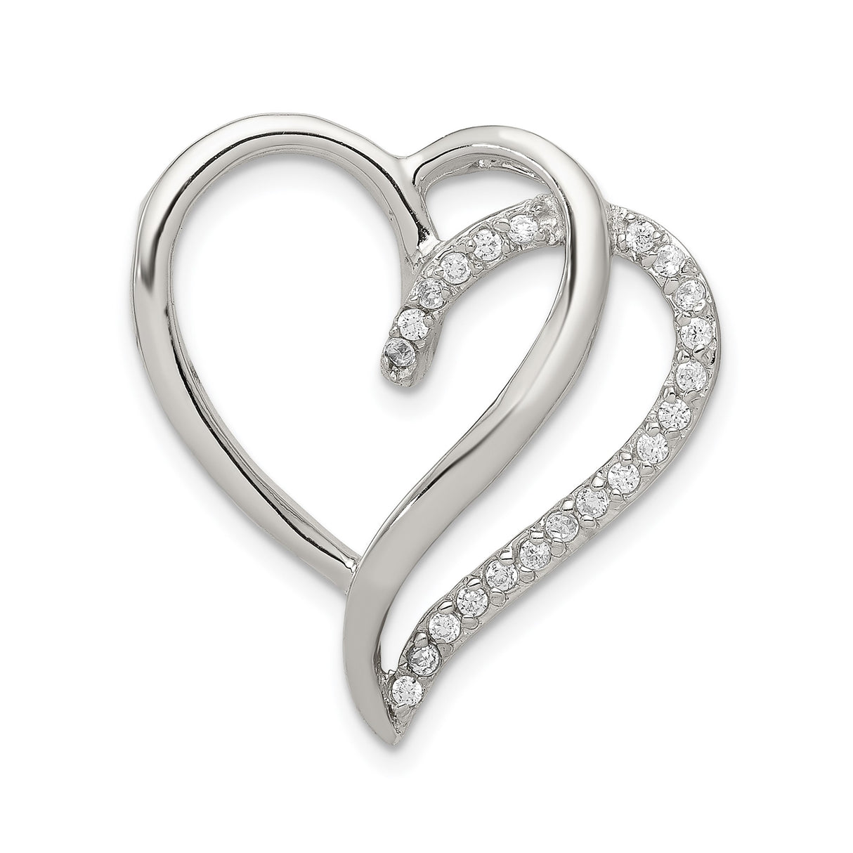 Sterling Silver Heart Pendant with Cubic Zirconia, Asymmetrical Open Design for Women