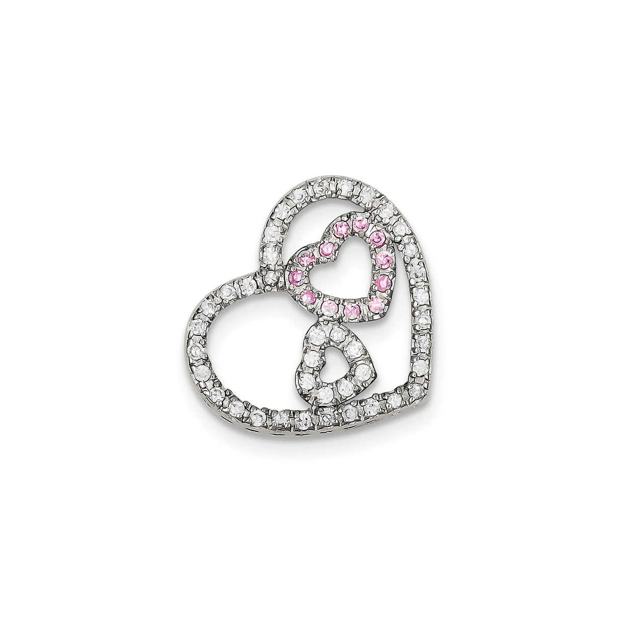 Sterling Silver Heart Pendant with Pink and Clear Cubic Zirconia, Interlocking Heart Design