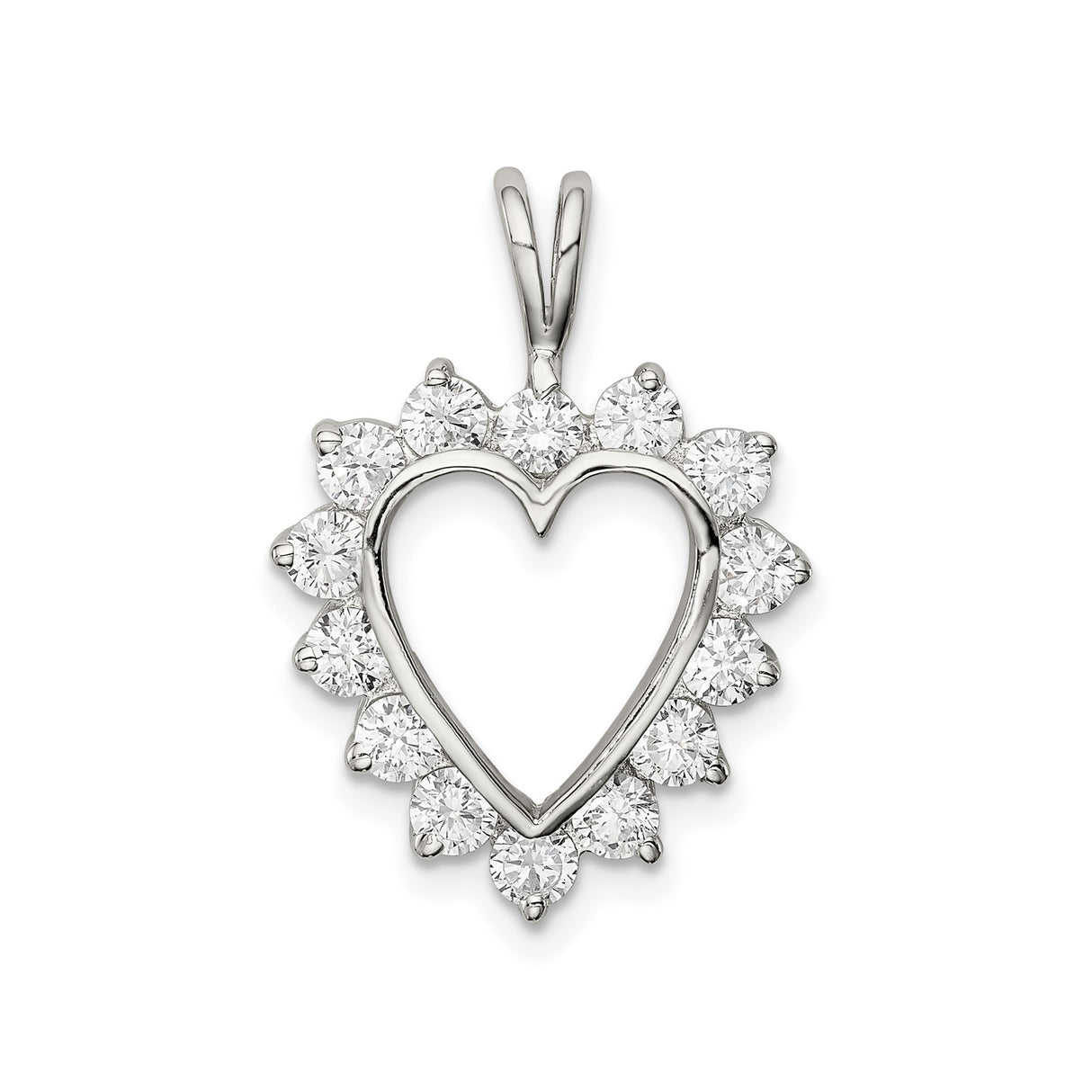 Sterling Silver Heart Pendant with Cubic Zirconia, Hollow Center and Floral Halo Design