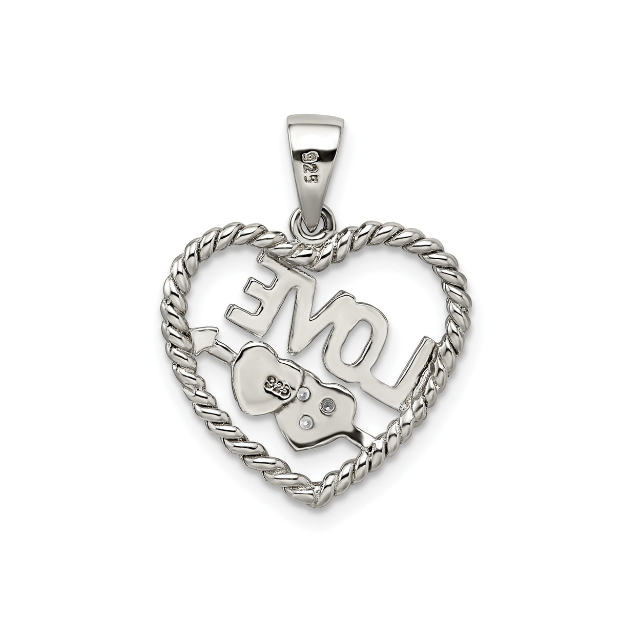 Sterling Silver Heart Pendant with Cubic Zirconia and LOVE Word and Arrow Design