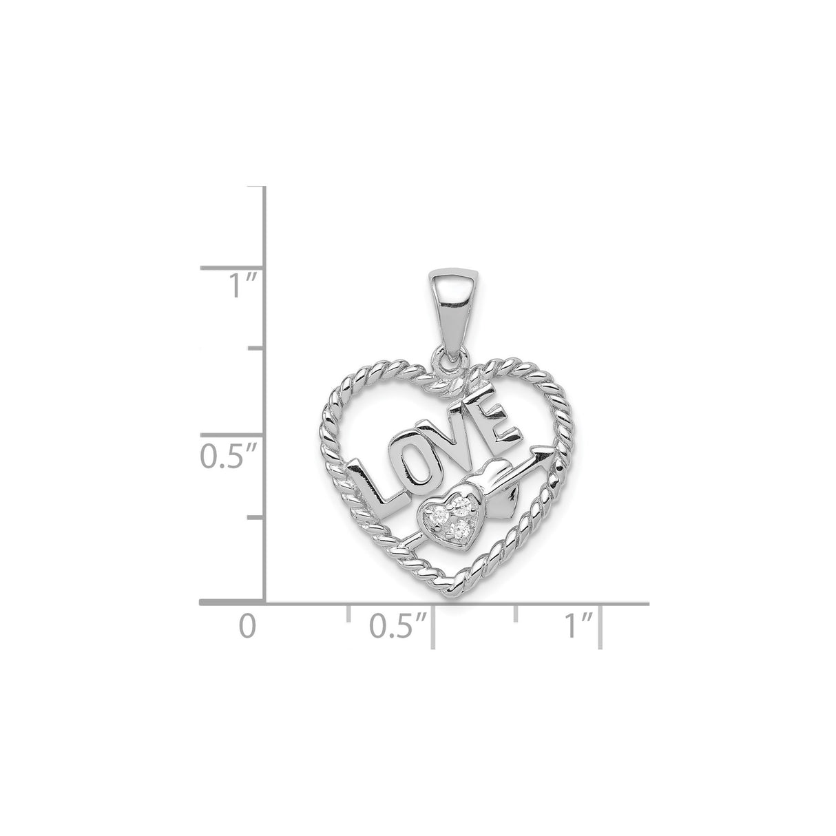 Sterling Silver Heart Pendant with Cubic Zirconia and LOVE Word and Arrow Design