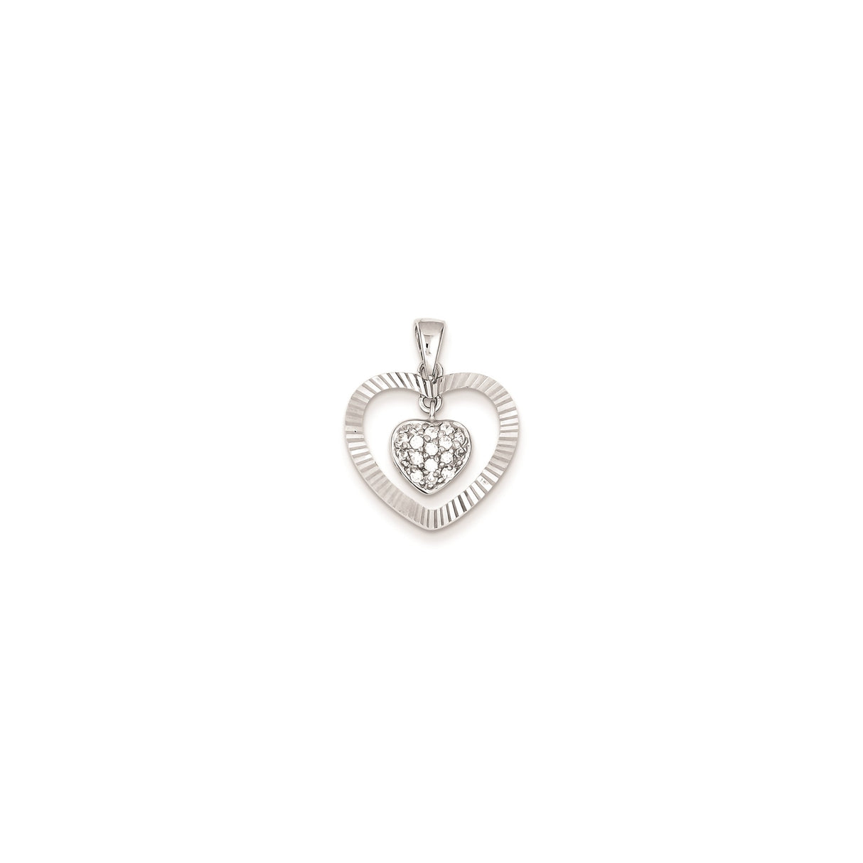 Sterling Silver Heart Pendant with Cubic Zirconia and Textured Open Frame for Women