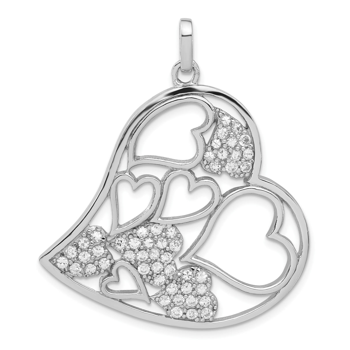 Sterling Silver Heart Pendant with Cubic Zirconia Pavé and Openwork Design for Women