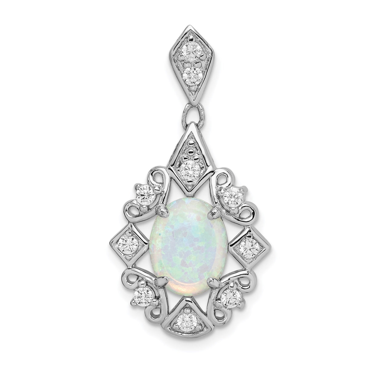 Sterling Silver Pendant with Opal and Cubic Zirconia, Vintage Filigree Design