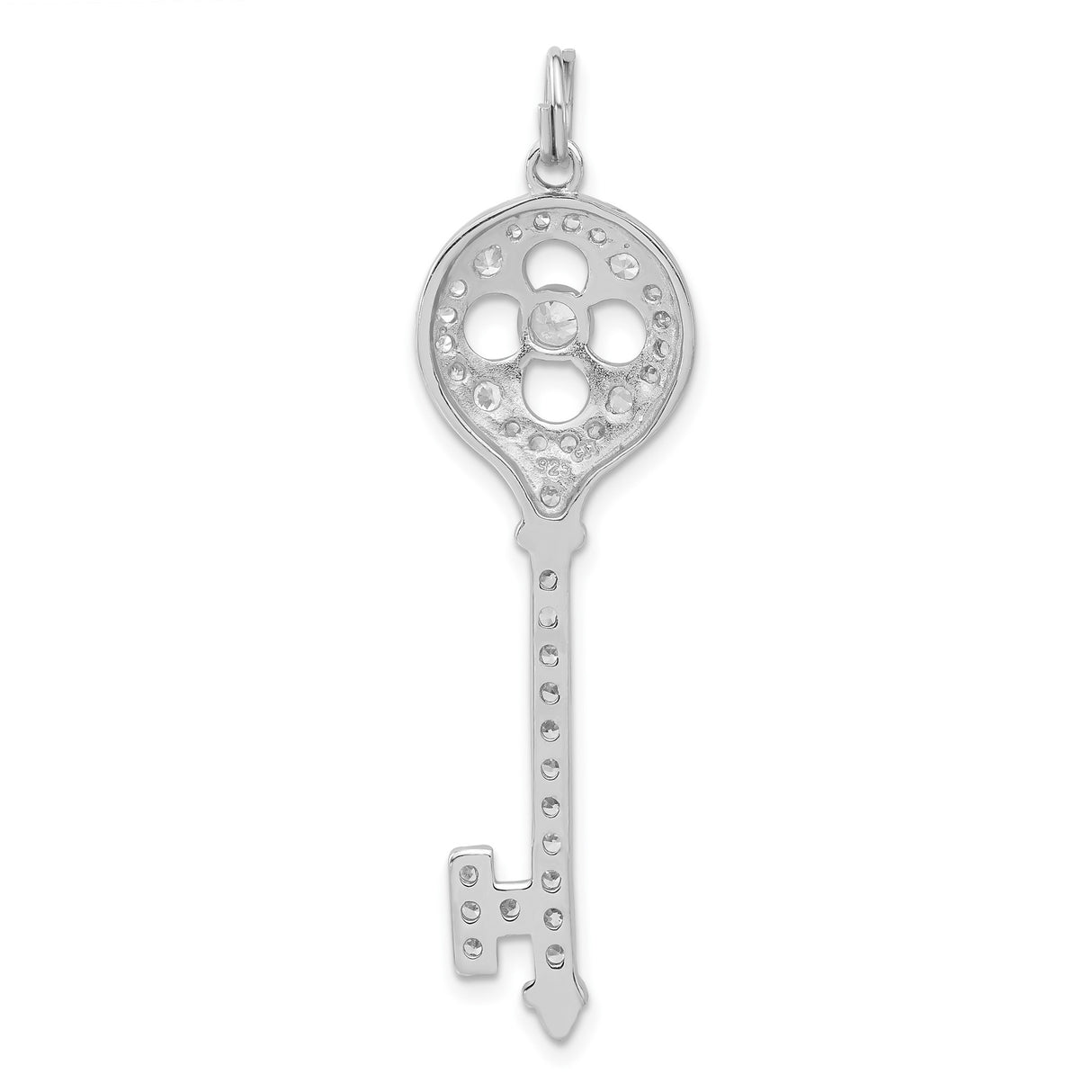Sterling Silver Key Pendant with Cubic Zirconia, Floral Charm Design for Women