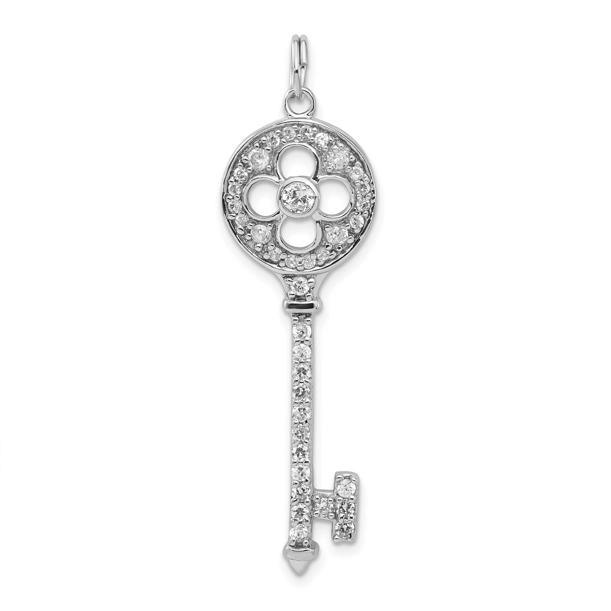 Sterling Silver Key Pendant with Cubic Zirconia, Floral Charm Design for Women
