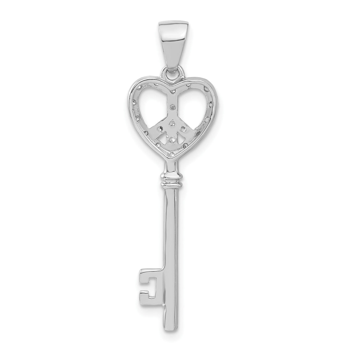 Sterling Silver Heart Key Pendant with Cubic Zirconia, Peace Sign Symbol, Boho Spiritual Style