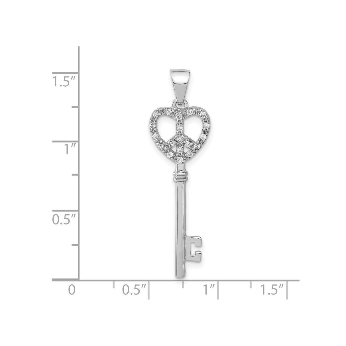 Sterling Silver Heart Key Pendant with Cubic Zirconia, Peace Sign Symbol, Boho Spiritual Style