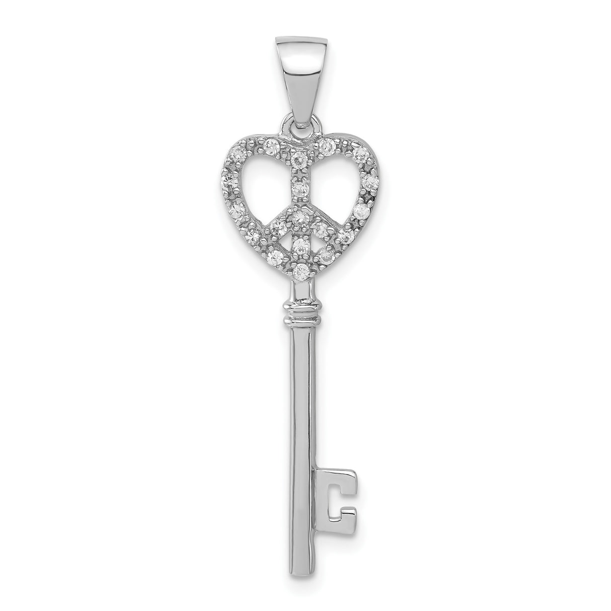 Sterling Silver Heart Key Pendant with Cubic Zirconia, Peace Sign Symbol, Boho Spiritual Style