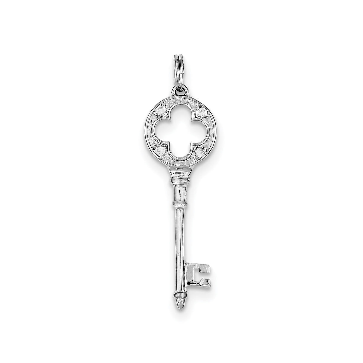 Sterling Silver Key Pendant with Clover Cutout, Vintage Skeleton Key Style, Cubic Zirconia Accent