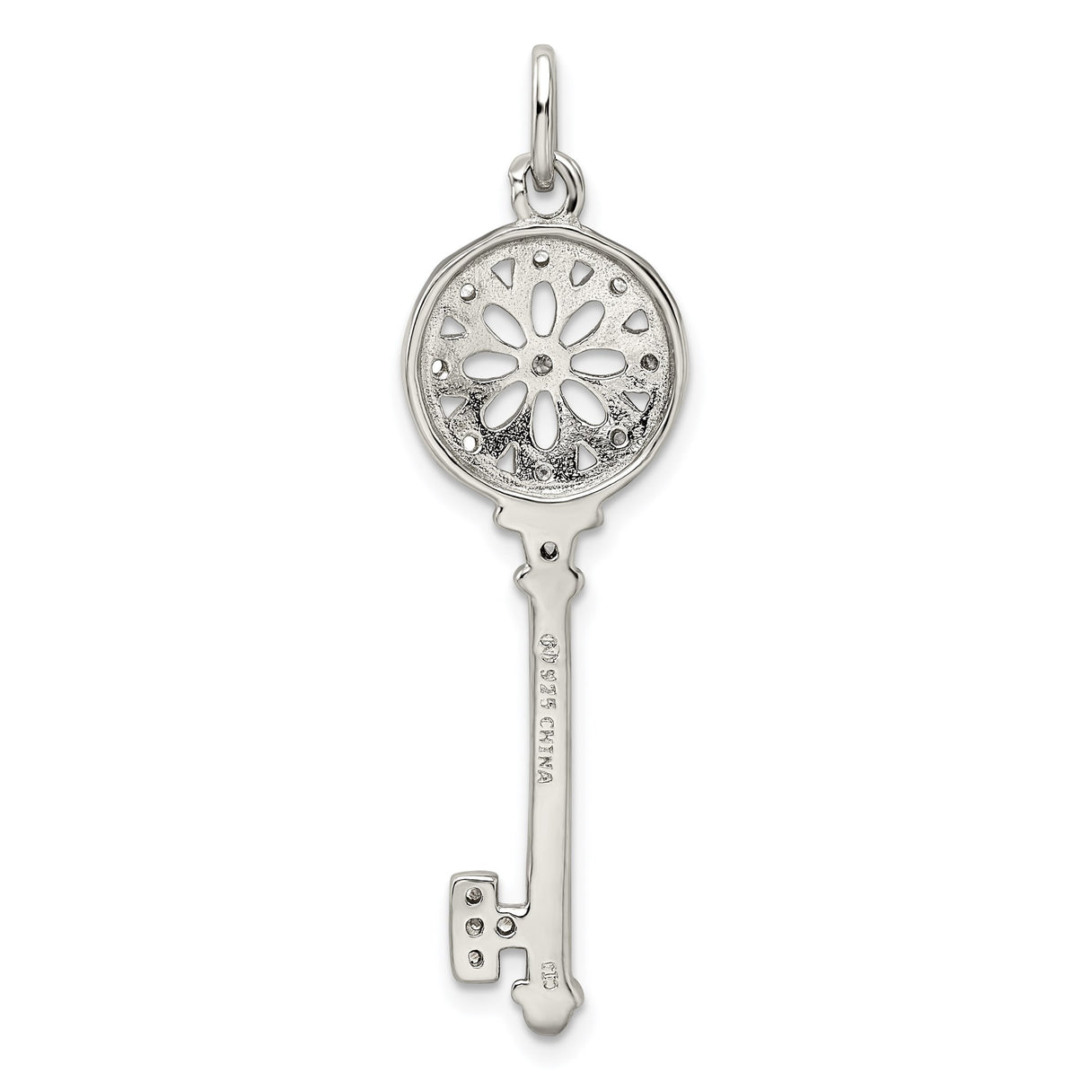 Sterling Silver Key Pendant with Cubic Zirconia, Floral Filigree Design, Romantic Symbolic Jewelry