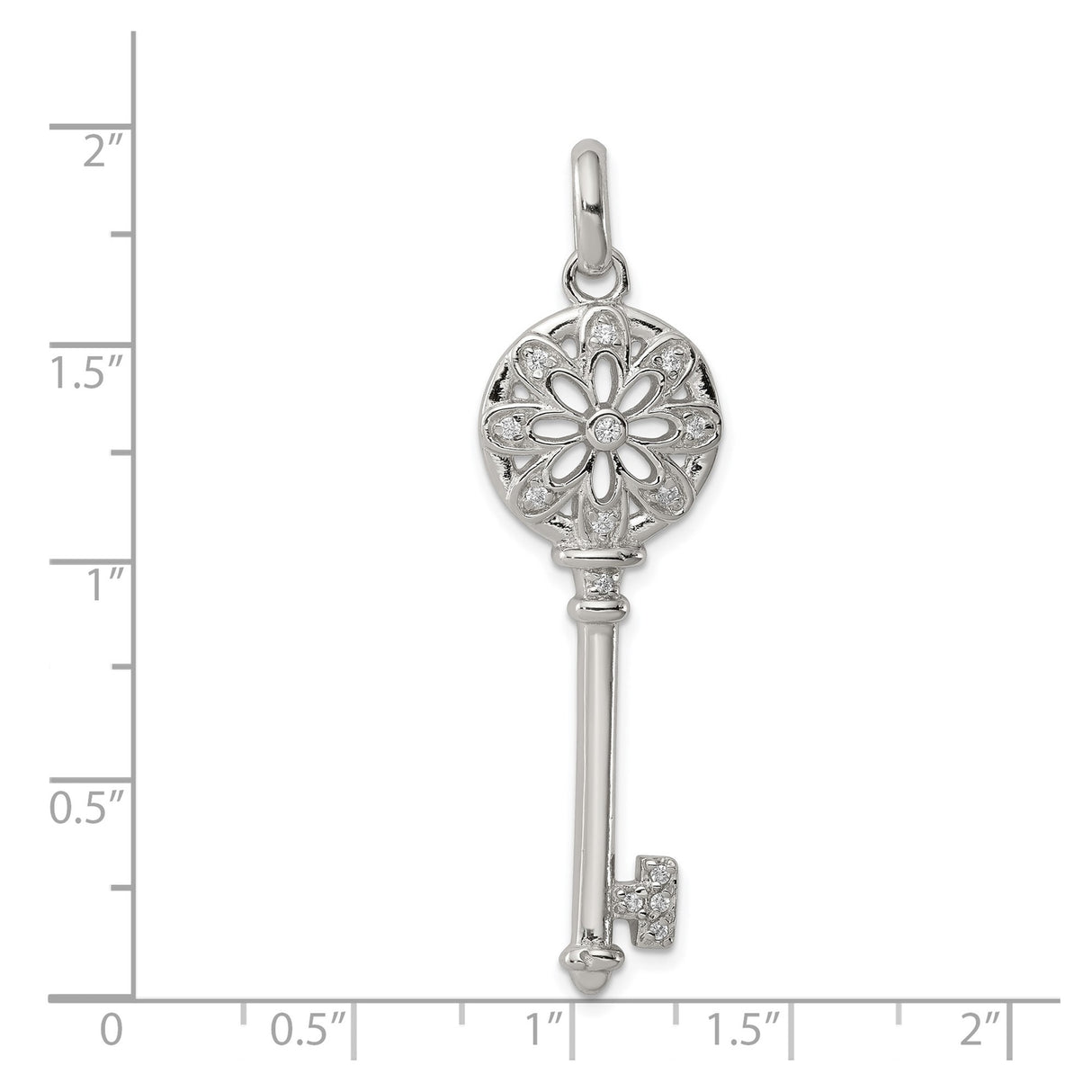 Sterling Silver Key Pendant with Cubic Zirconia, Floral Filigree Design, Romantic Symbolic Jewelry