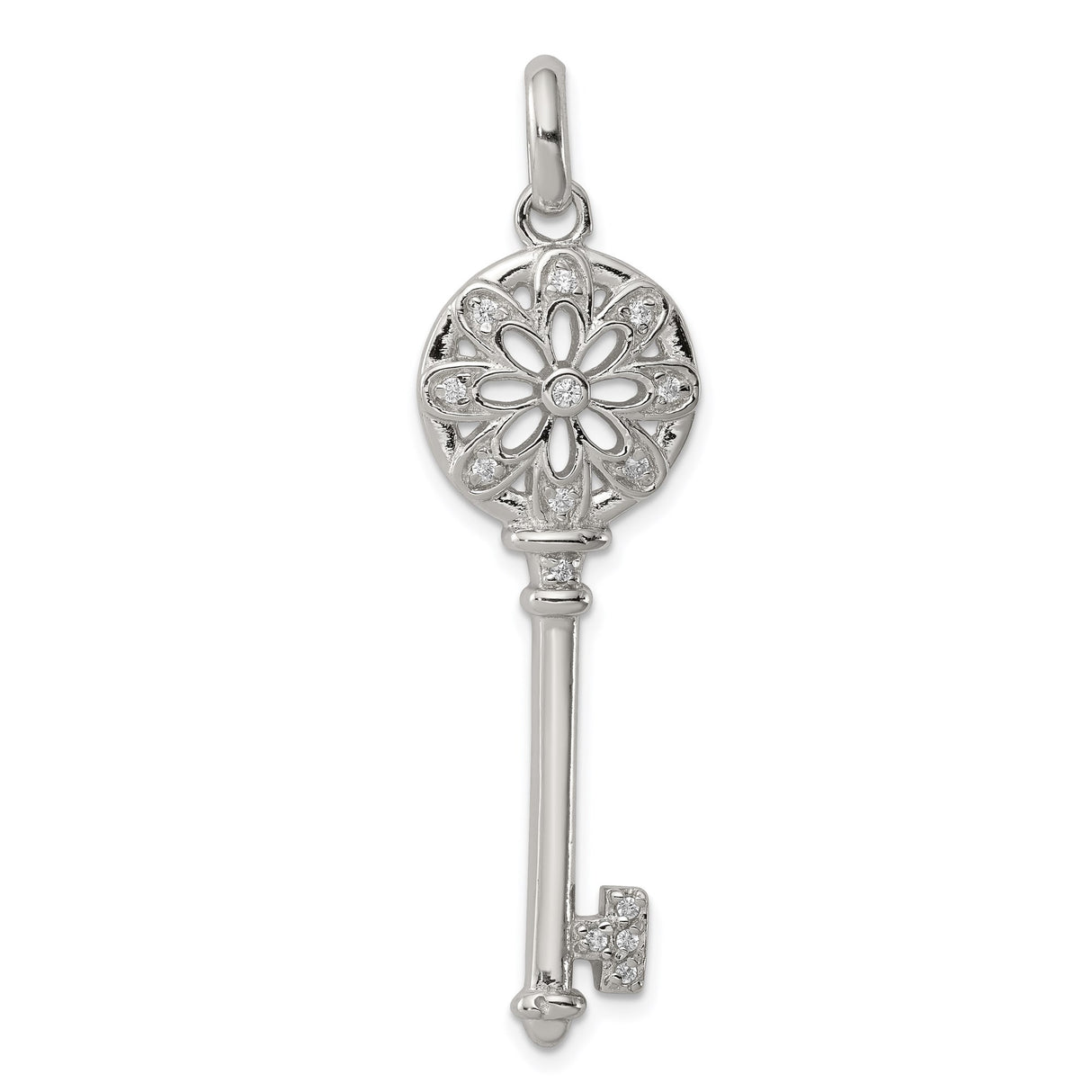 Sterling Silver Key Pendant with Cubic Zirconia, Floral Filigree Design, Romantic Symbolic Jewelry
