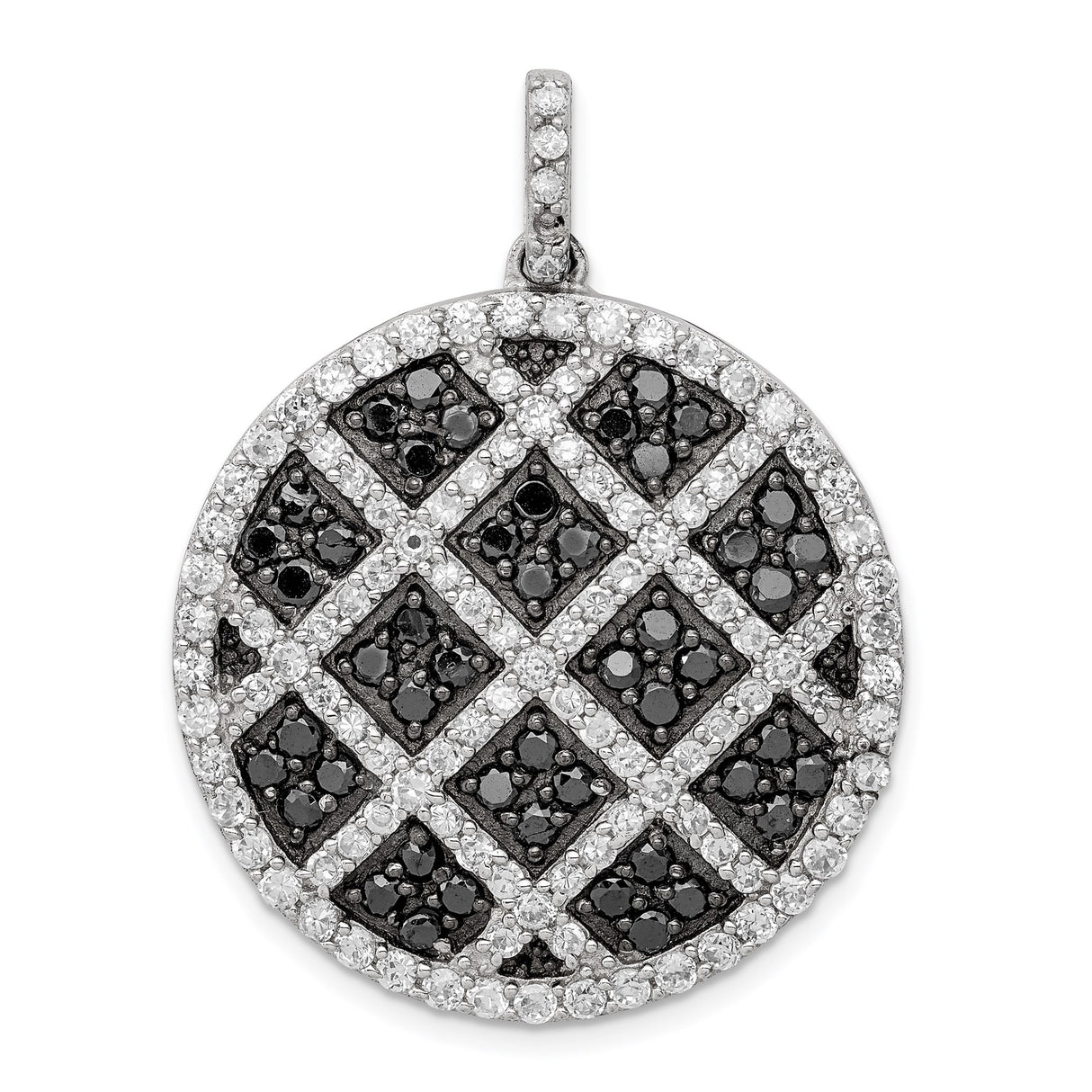 Sterling Silver Pendant with Black and White Cubic Zirconia, Lattice Pattern Circle Design for Women