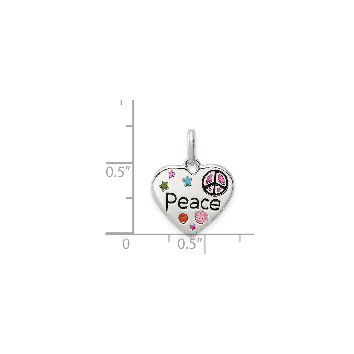 Sterling Silver Heart Pendant with Enamel Stars, Dots, and Pink Peace Sign , Boho Style for Girls
