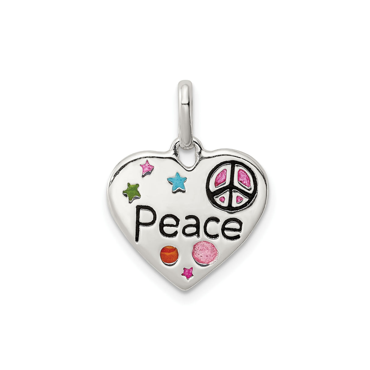 Sterling Silver Heart Pendant with Enamel Stars, Dots, and Pink Peace Sign , Boho Style for Girls
