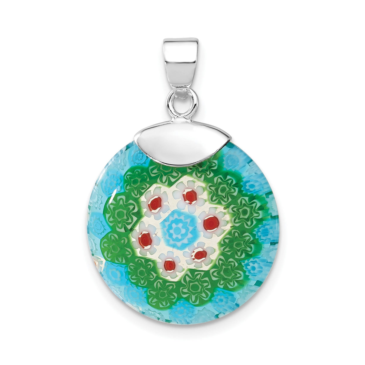 Sterling Silver Pendant with Murano Glass Mosaic Floral Design, Round Bohemian Style for Women