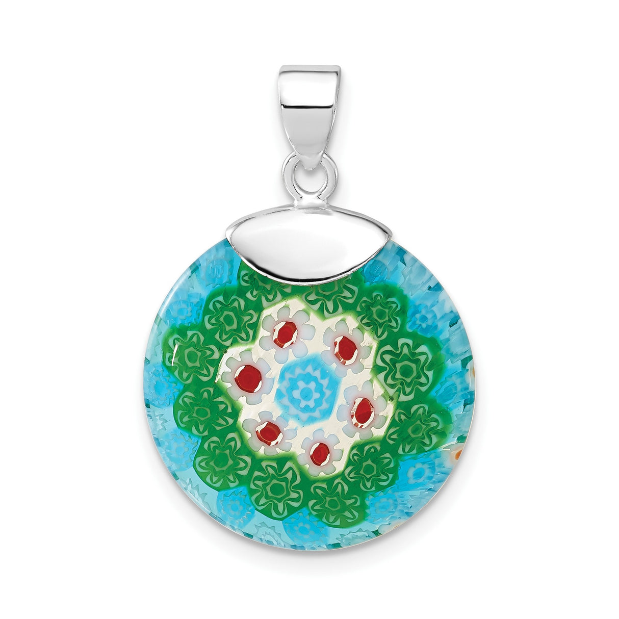 Sterling Silver Pendant with Murano Glass Mosaic Floral Design, Round Bohemian Style for Women