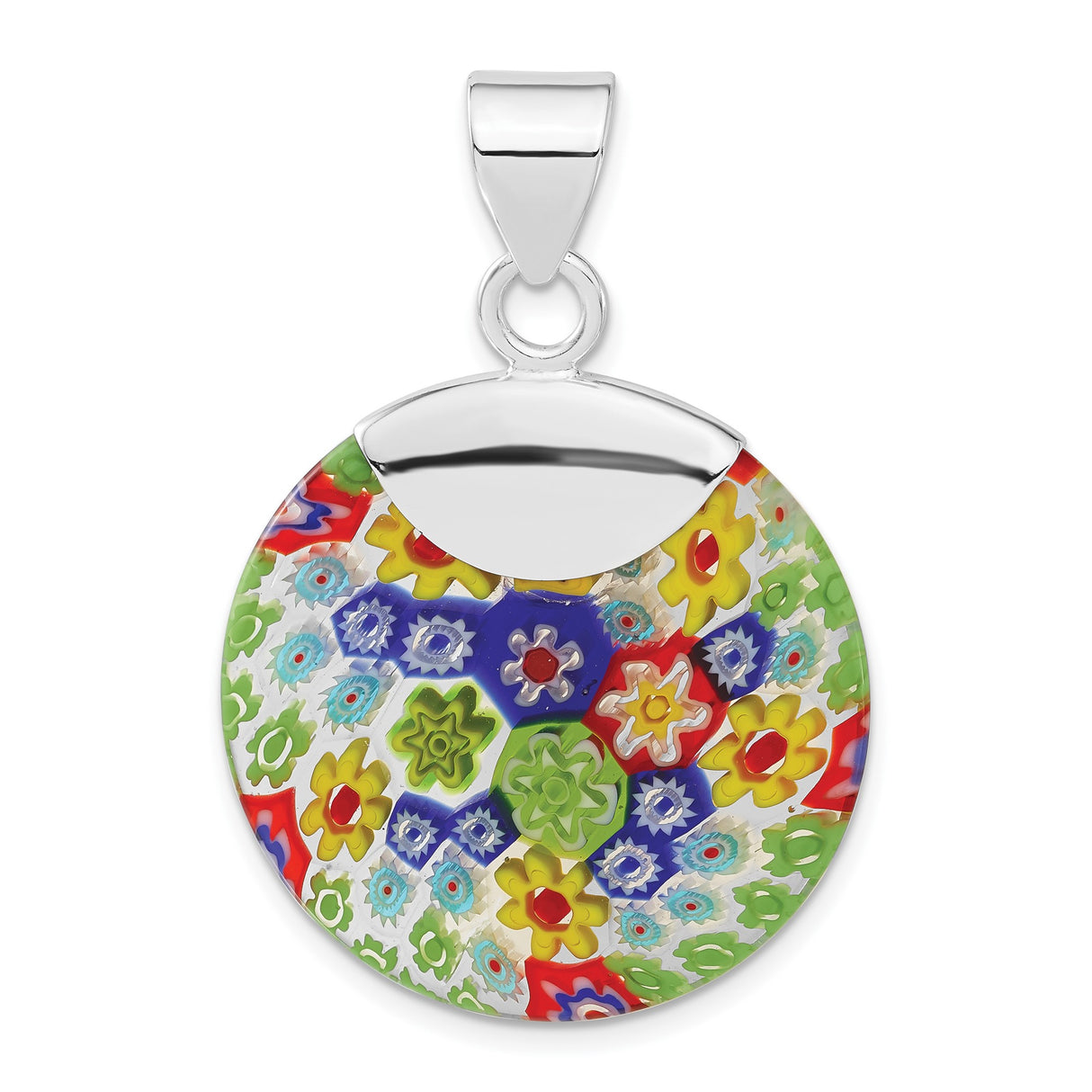 Sterling Silver Round Pendant with Millefiori Murano Glass, Colorful Floral Mosaic Design