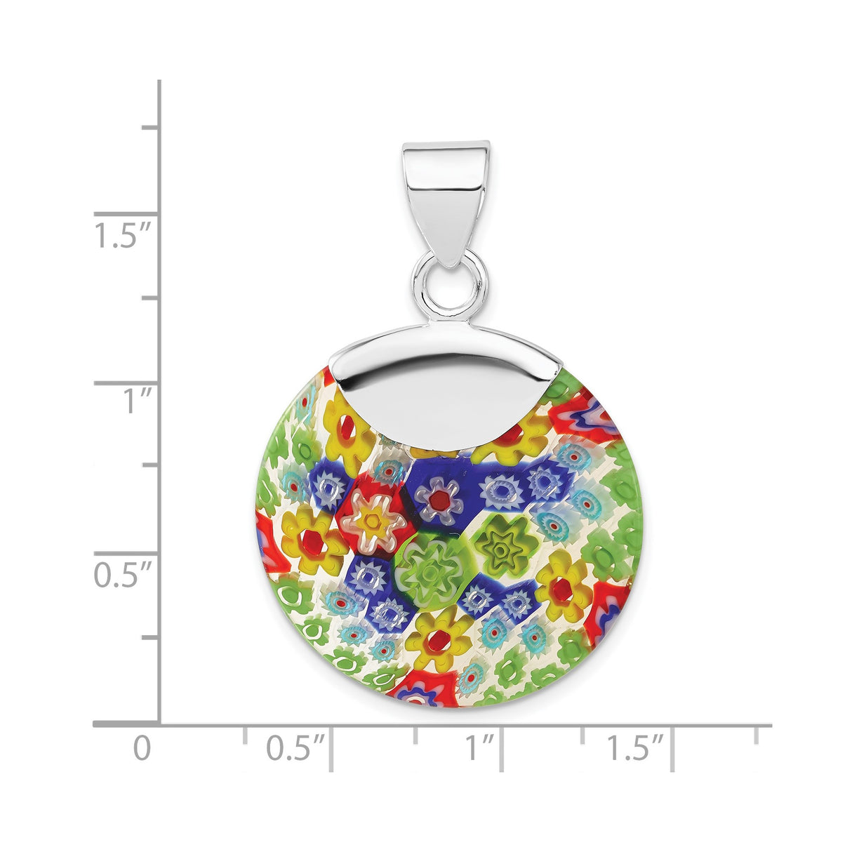 Sterling Silver Round Pendant with Millefiori Murano Glass, Colorful Floral Mosaic Design