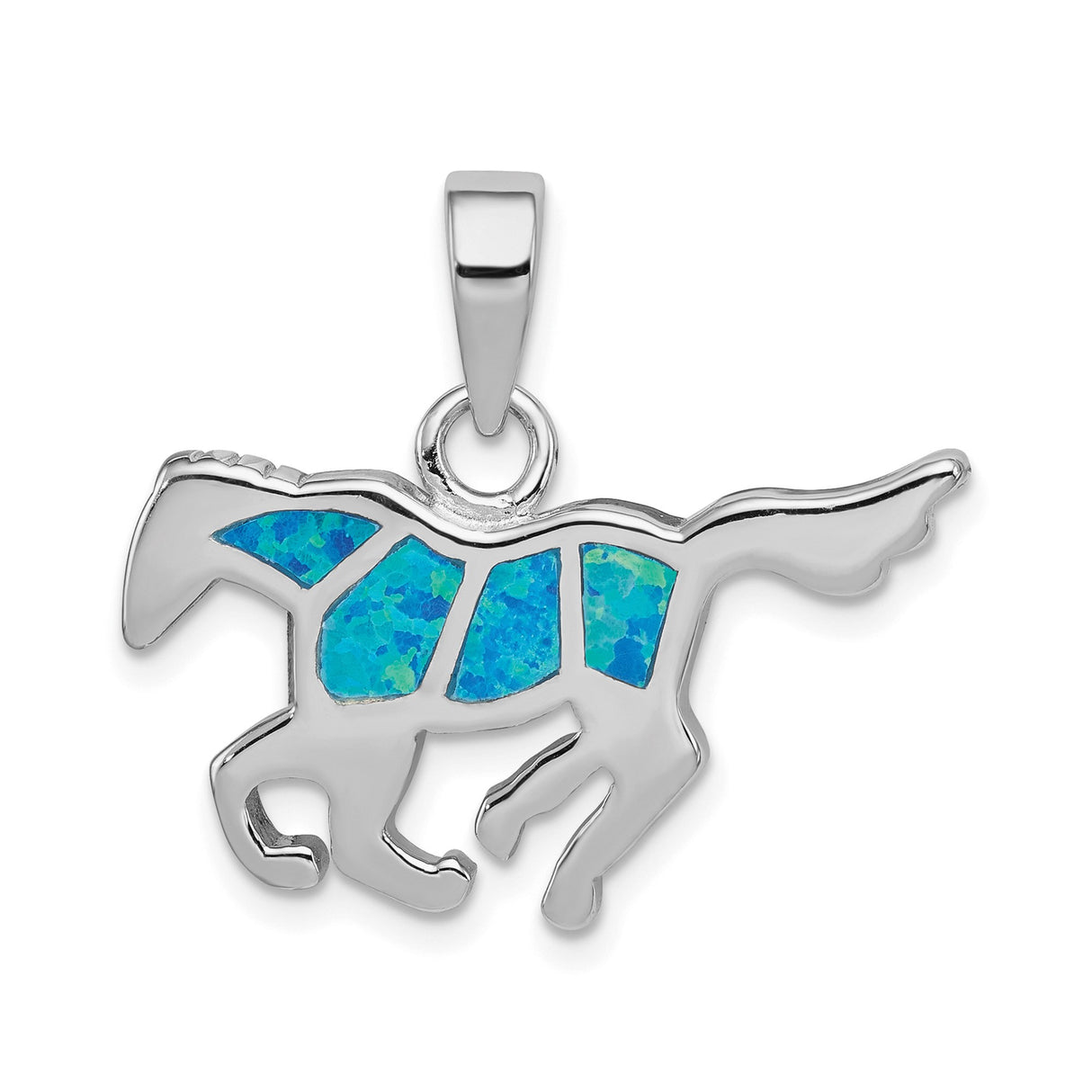 Sterling Silver Horse Pendant with Blue Lab Created Opal Inlay, Running Horse Design