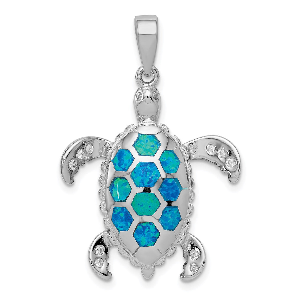 Sterling Silver Sea Turtle Pendant with Blue and Green Opal and Cubic Zirconia Accents
