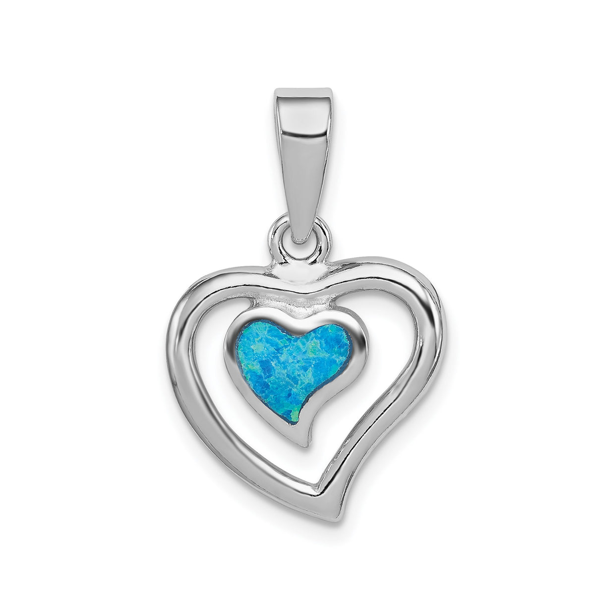 Sterling Silver Heart Pendant with Blue Lab Created Opal and Double Heart Design