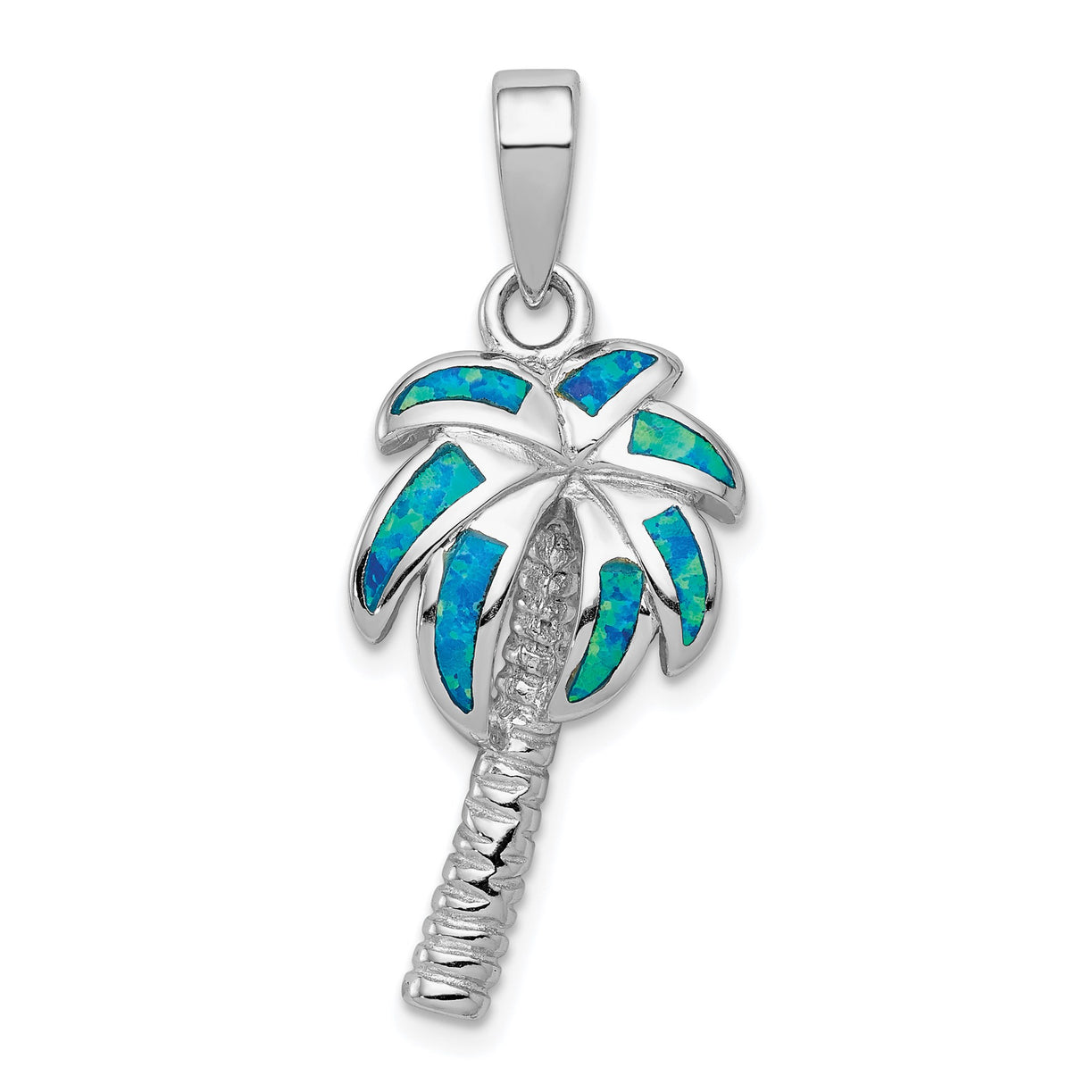 Sterling Silver Palm Tree Pendant with Lab Created Blue Green Opal Inlay, Tropical Beach Theme