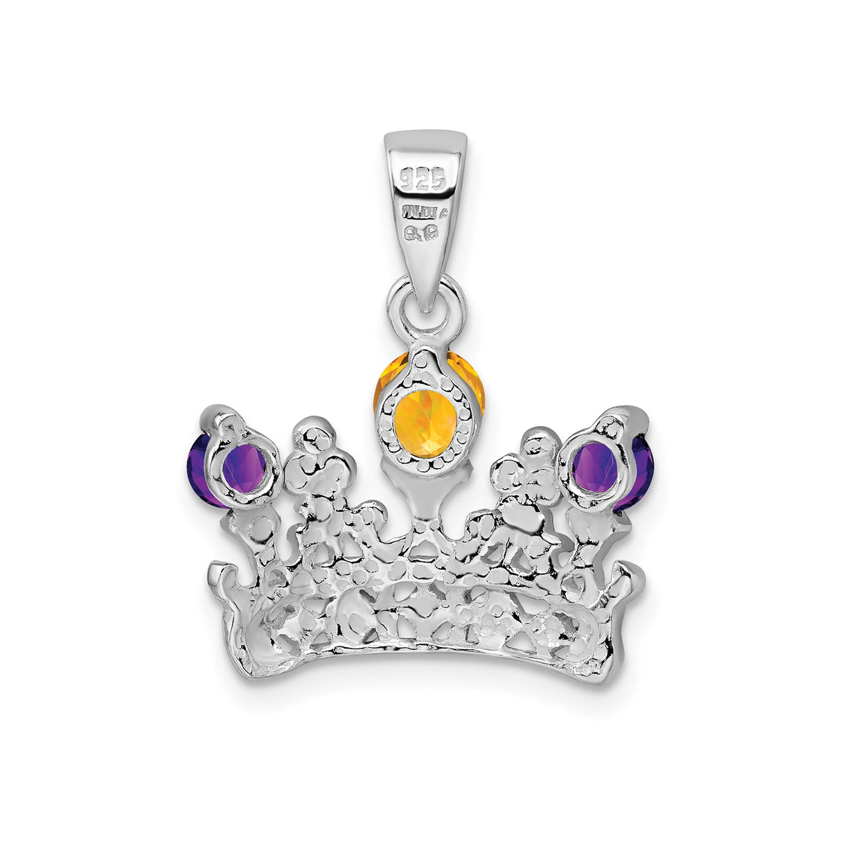 Sterling Silver Crown Pendant with Amethyst and Citrine , Regal Charm for Women