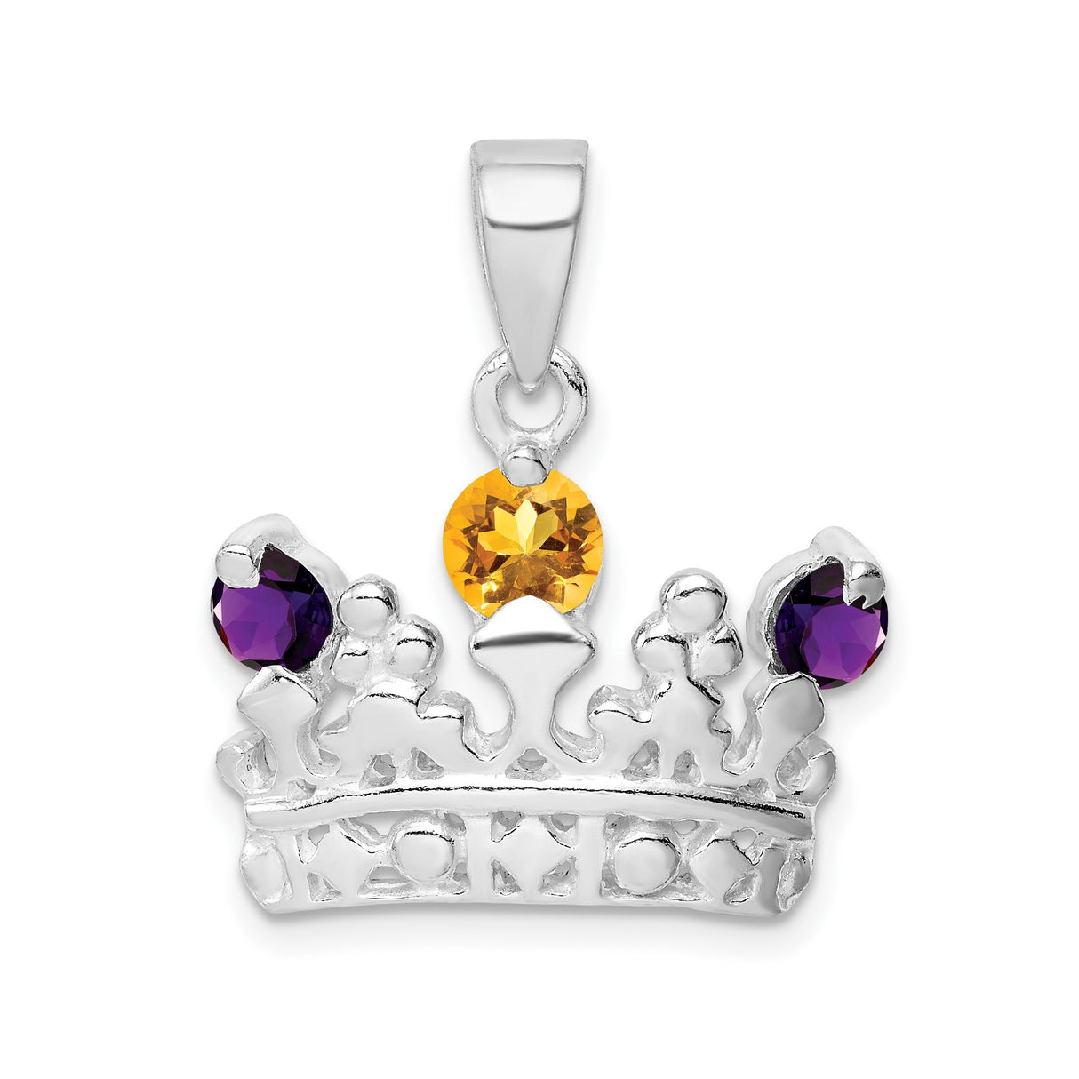 Sterling Silver Crown Pendant with Amethyst and Citrine , Regal Charm for Women