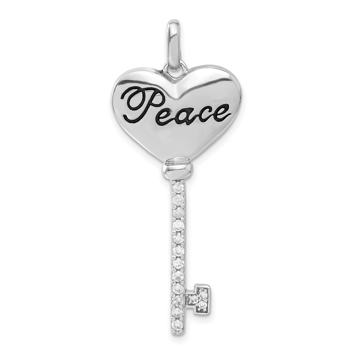 Sterling Silver Heart Key Pendant with Cubic Zirconia, Peace Engraving, Symbolic Jewelry for Women