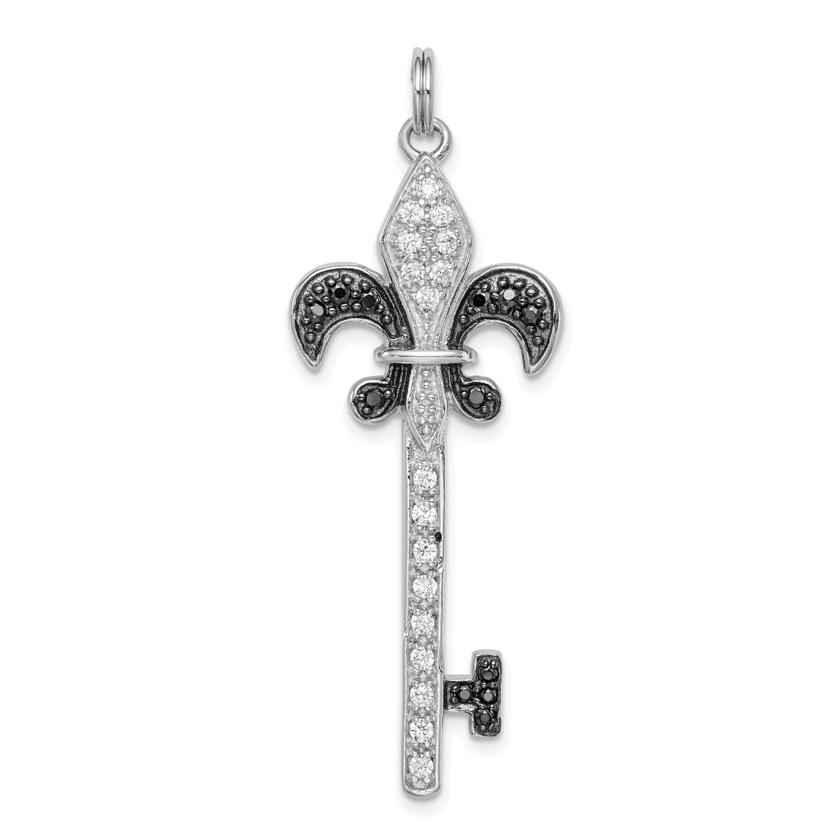Sterling Silver Key Pendant with Cubic Zirconia, Fleur de Lis Design, Vintage Spiritual Style