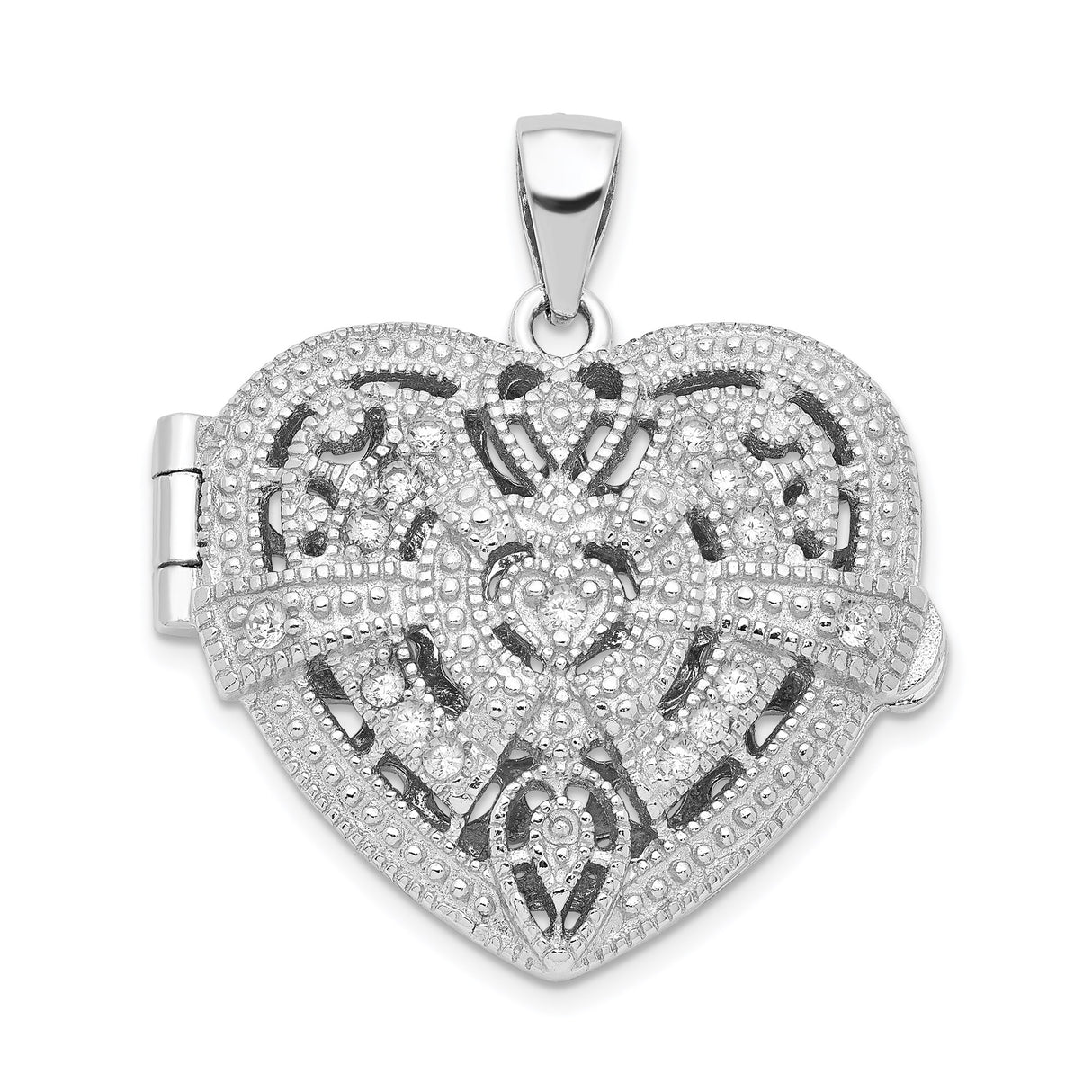 Sterling Silver Heart Locket Pendant with Cubic Zirconia and Filigree Design for Women