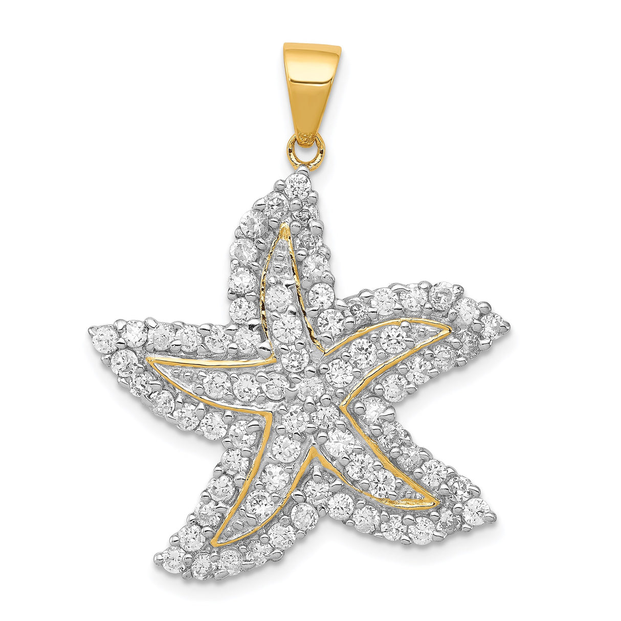 Sterling Silver Starfish Pendant with Cubic Zirconia and Gold Accents, Nautical Beach Style Jewelry