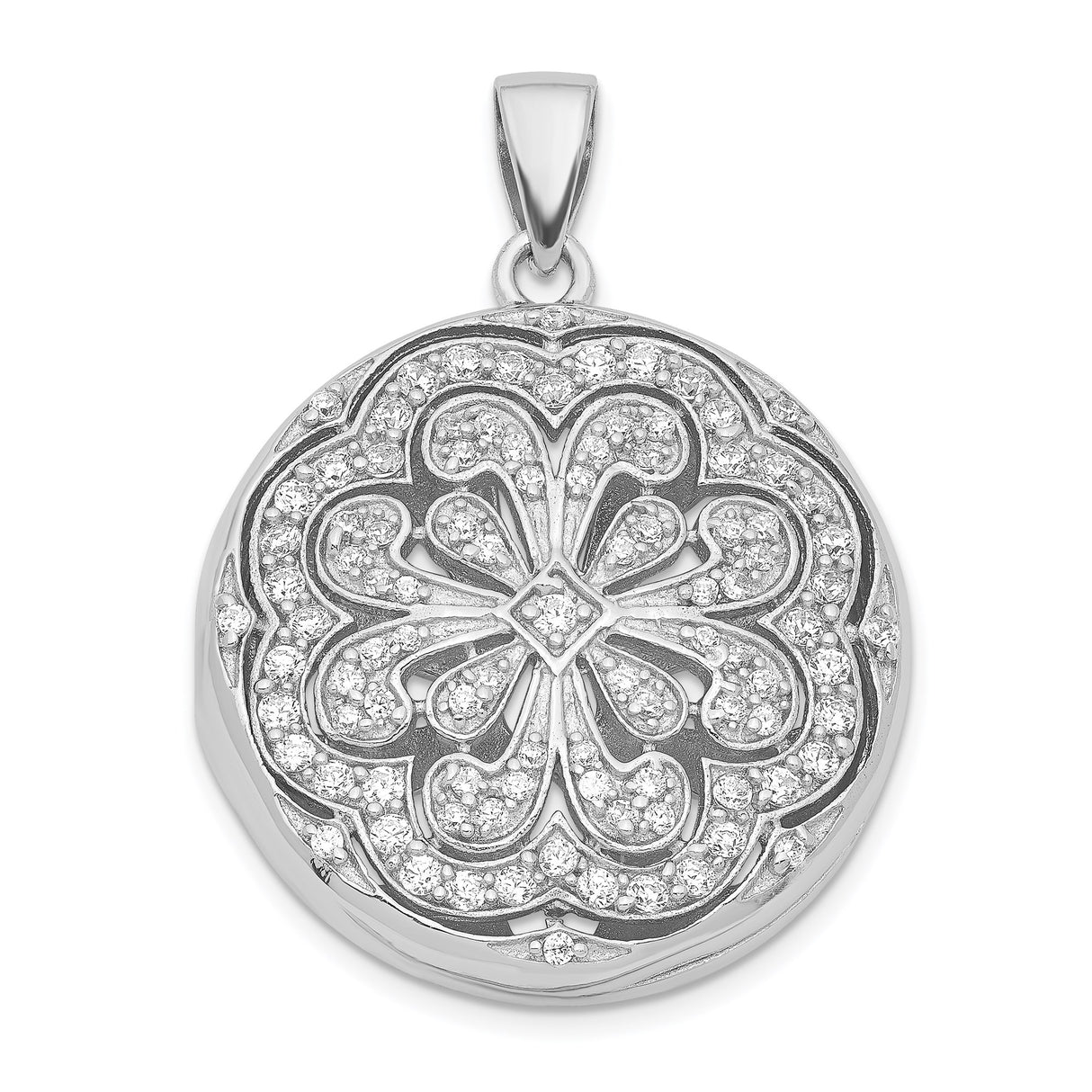 Sterling Silver Pendant with Cubic Zirconia, Floral Filigree Circle Design, Mandala Boho Style for Women