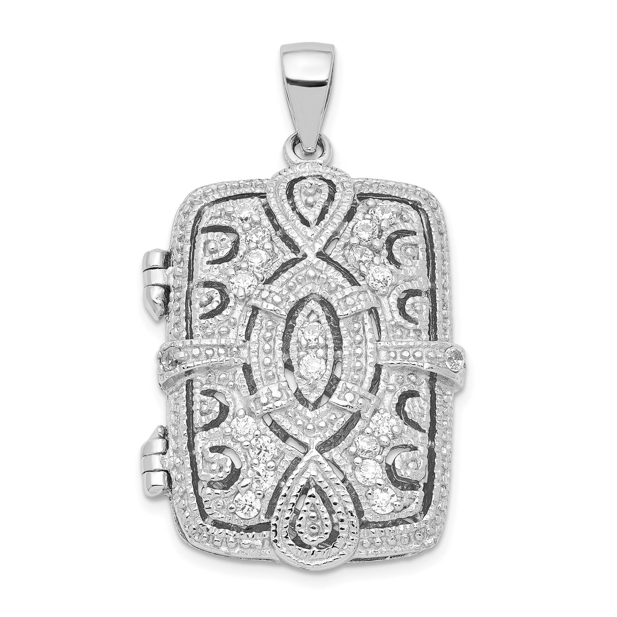 Sterling Silver Locket Pendant with Cubic Zirconia, Rectangular Vintage Scrollwork Design